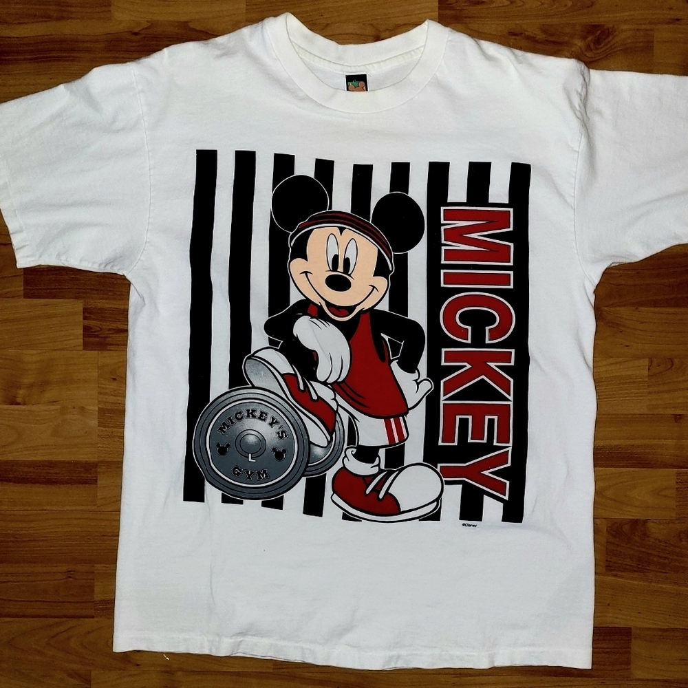 Vintage 90s Disney Mickey Mouse Weightlifting Gym Buff White Tshirt | XL🔥